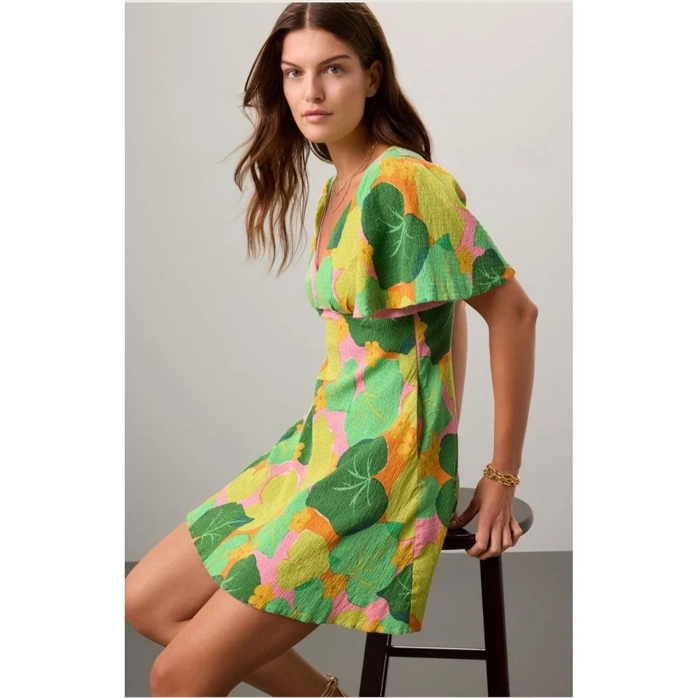 Kate Spade New York Cucumber Floral Swing‎ Dress Green Orange Pink V-Neck Mini 0